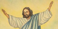 Jesus breitet die Arme aus und steigt dem Himmel empor
